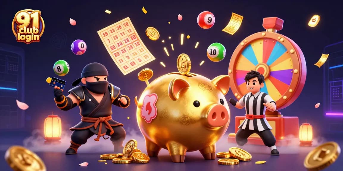 Experience the thrilling 91 club login with a dynamic illustration showcasing casino excitement and vibrant gaming elements.