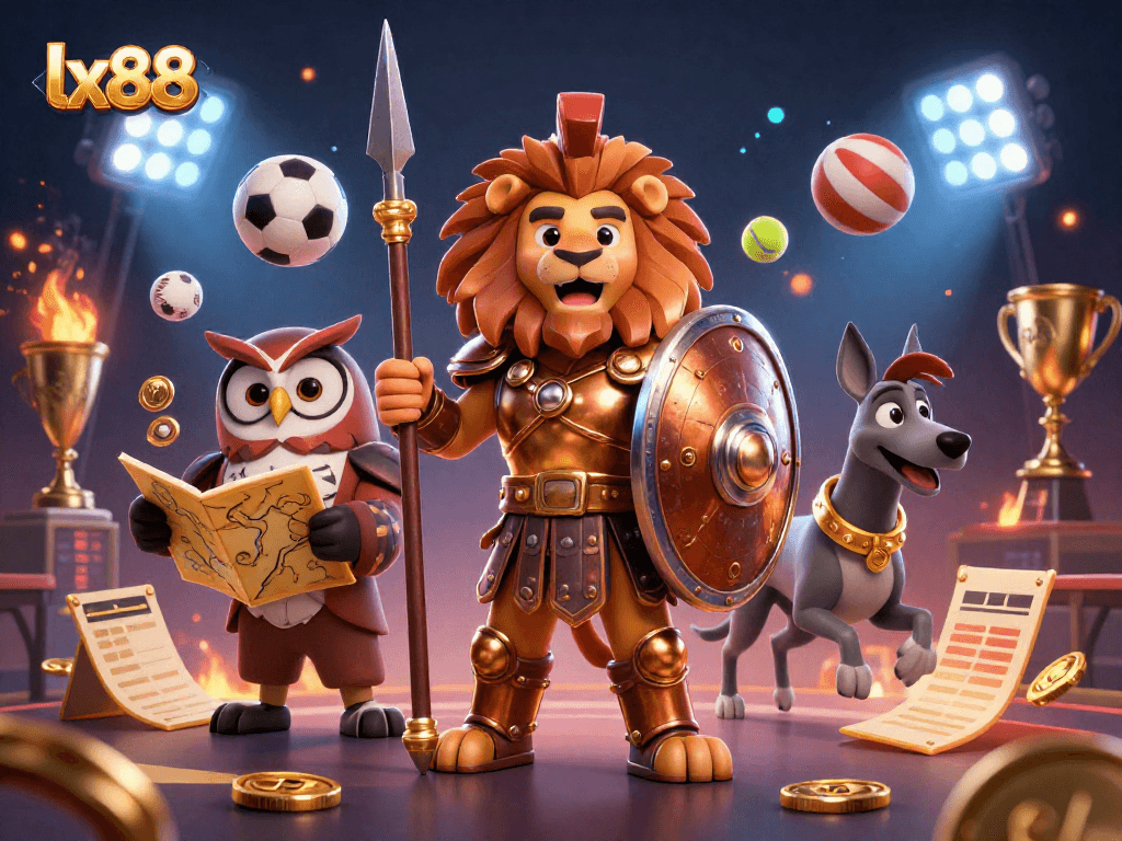 Experience thrilling sports betting with lx88 in this vibrant 3D digital illustration packed with action.