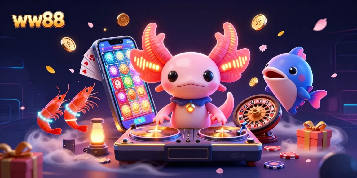 Spin and win at WW88 with a vibrant casino scene featuring an axolotl DJ and shimmering slot games.