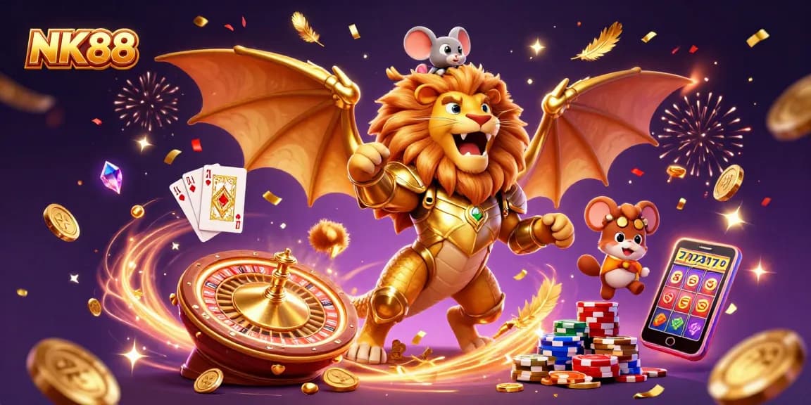 Experience the thrill of NK88 casino with a roaring chimera and dazzling gambling elements.