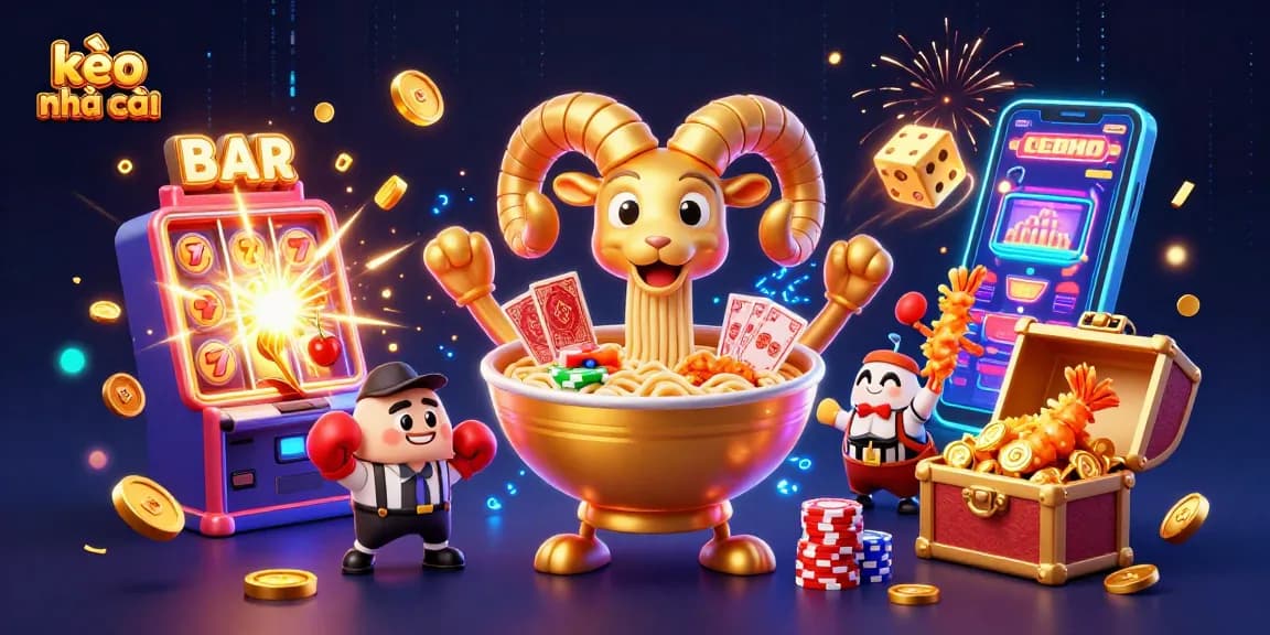Engage with kèo nhà cái visuals featuring giant ramen bowl and dynamic casino elements.