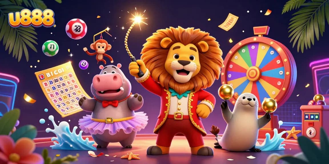 Spin the jackpot wheel with u888's lively circus gaming scene featuring colorful lottery elements.