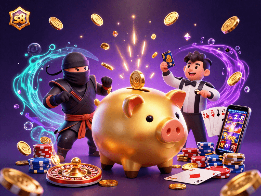 Engage with s8's dynamic casino atmosphere featuring a golden piggy bank sumo wrestler, colorful chips, and rolling roulette.