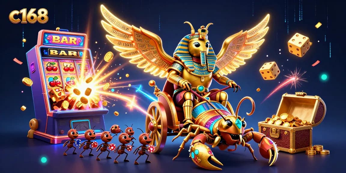 Experience thrilling adventures with c168's captivating illustration of a colossal beetle and vibrant casino elements.