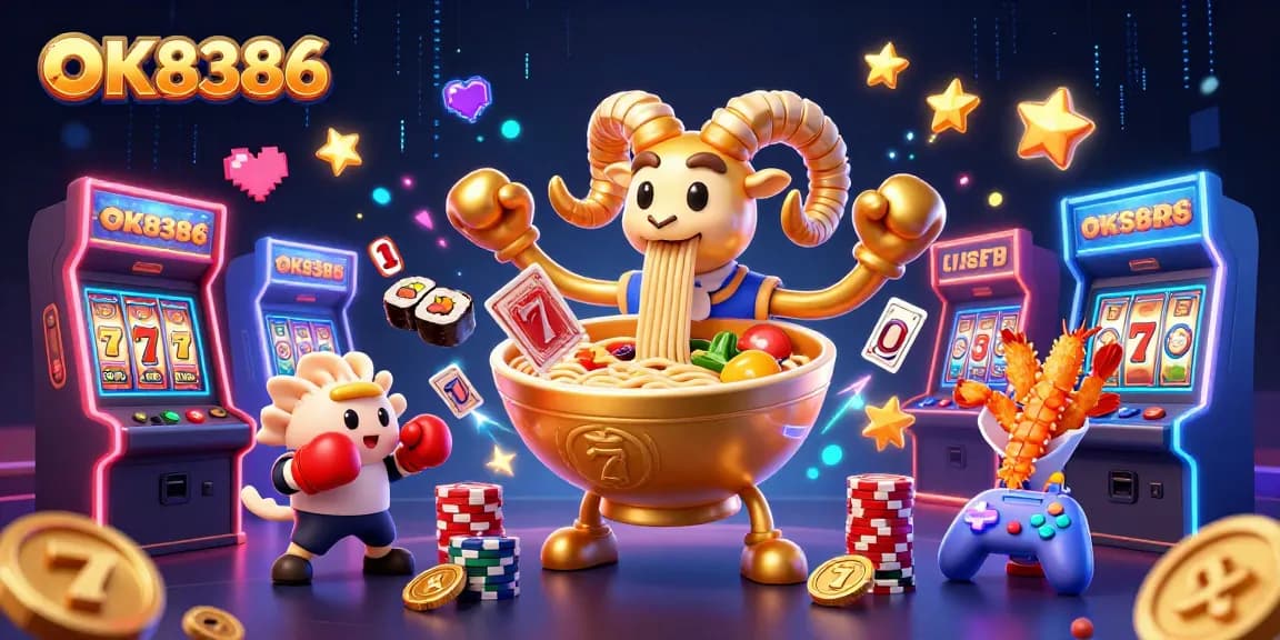 Engage with OK8386's golden ramen bowl character amidst slot reels and casino elements.
