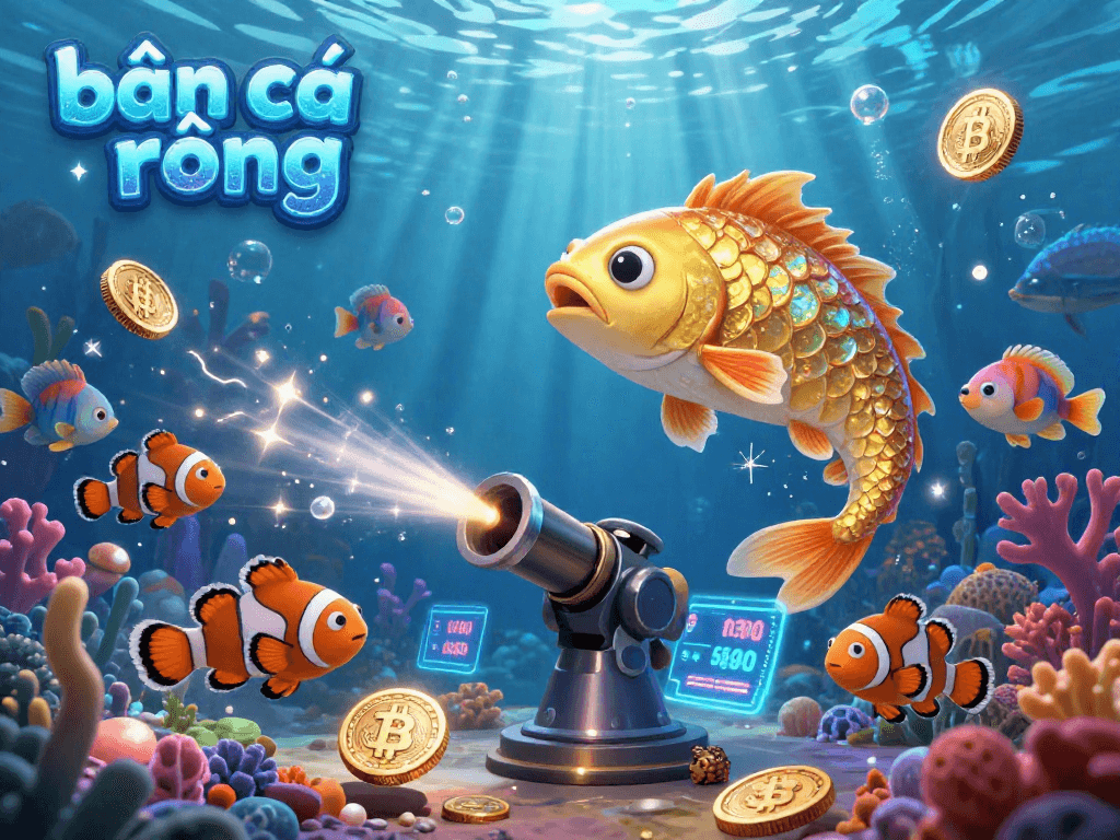 Play bắn cá rồng with captivating underwater visuals, featuring golden dragon fish and glowing cryptocurrencies.