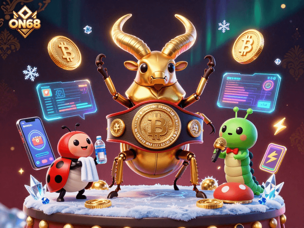 ON68 highlights the thrilling action of betting with a golden stag beetle and ladybug at a vibrant casino.