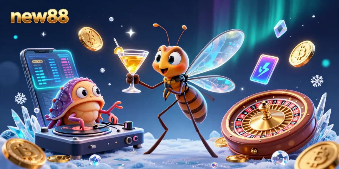 Engage with new88’s vibrant casino scene featuring a lively mosquito mascot, trilobite DJ, and gold roulette.