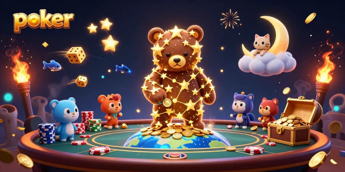 Playing poker with luck and strategy, lively scene with poker table and animated elements.