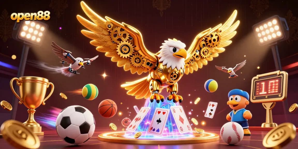 Experience thrilling action at open88 with a cybernetic eagle soaring through holographic playing cards.