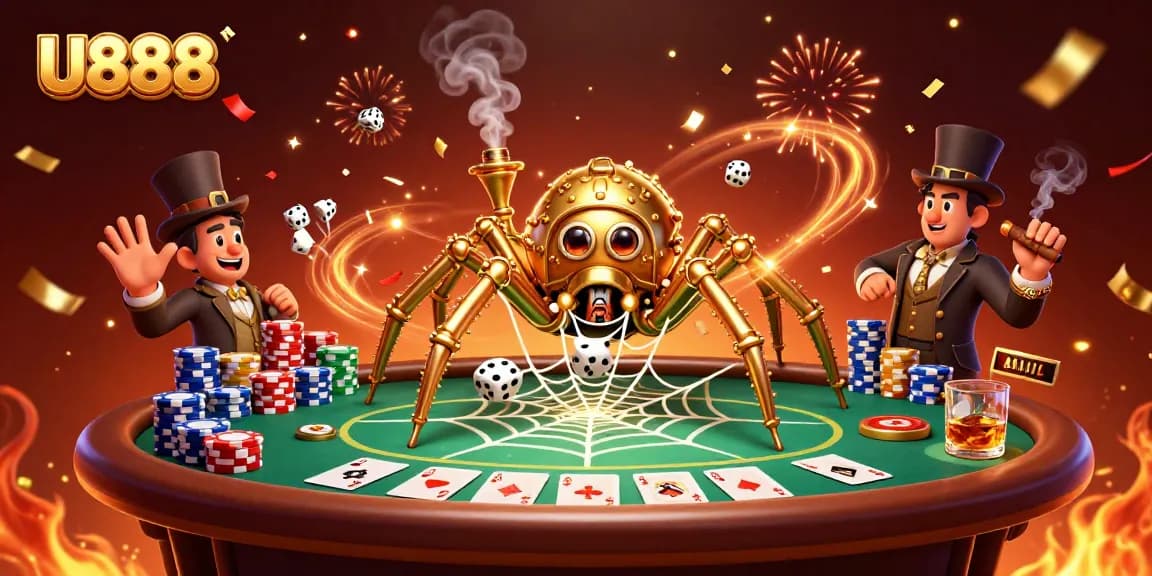 Spin the reels and win with U888, featuring a whimsical steampunk spider and poker elements in a vibrant casino scene.