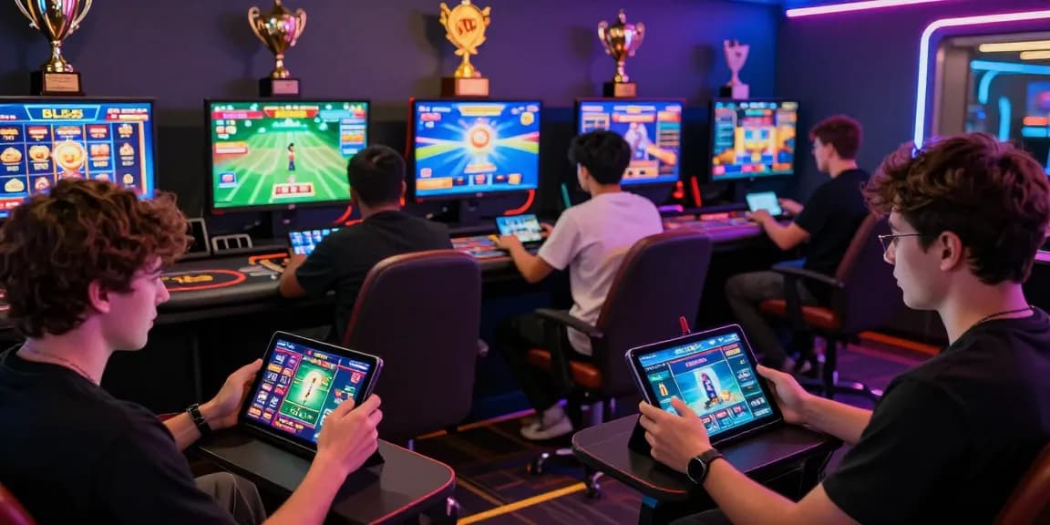 Engaged players enjoying various games on the BL555 online platform in a vibrant gaming lounge.