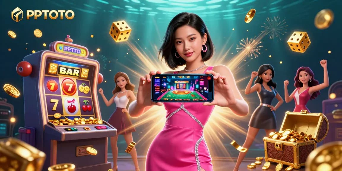 PPTOTO menampilkan seorang wanita Asia yang glamor berinteraksi dengan permainan kasino dealer langsung di smartphone-nya di tengah ledakan elemen permainan yang berwarna-warni.