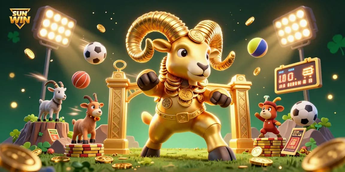 SUNWIN engagers enjoy a thrilling gaming experience at an interactive casino featuring a golden ram and vibrant sports elements.
