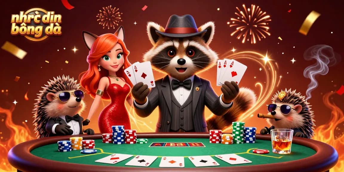 Engage with 'nhận định bóng đá' through a vibrant poker scene featuring a suave raccoon, a glamorous fox, and a protective hedgehog.