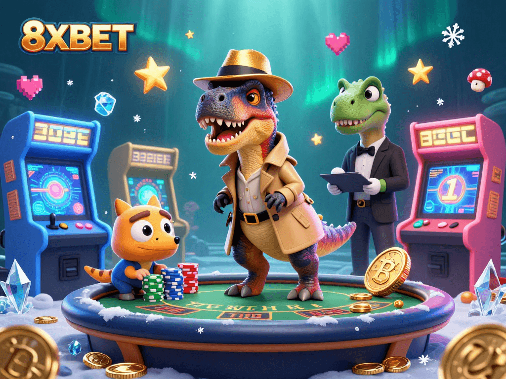 Win big at 8XBET with a cartoon velociraptor countering cards amidst vibrant casino elements.
