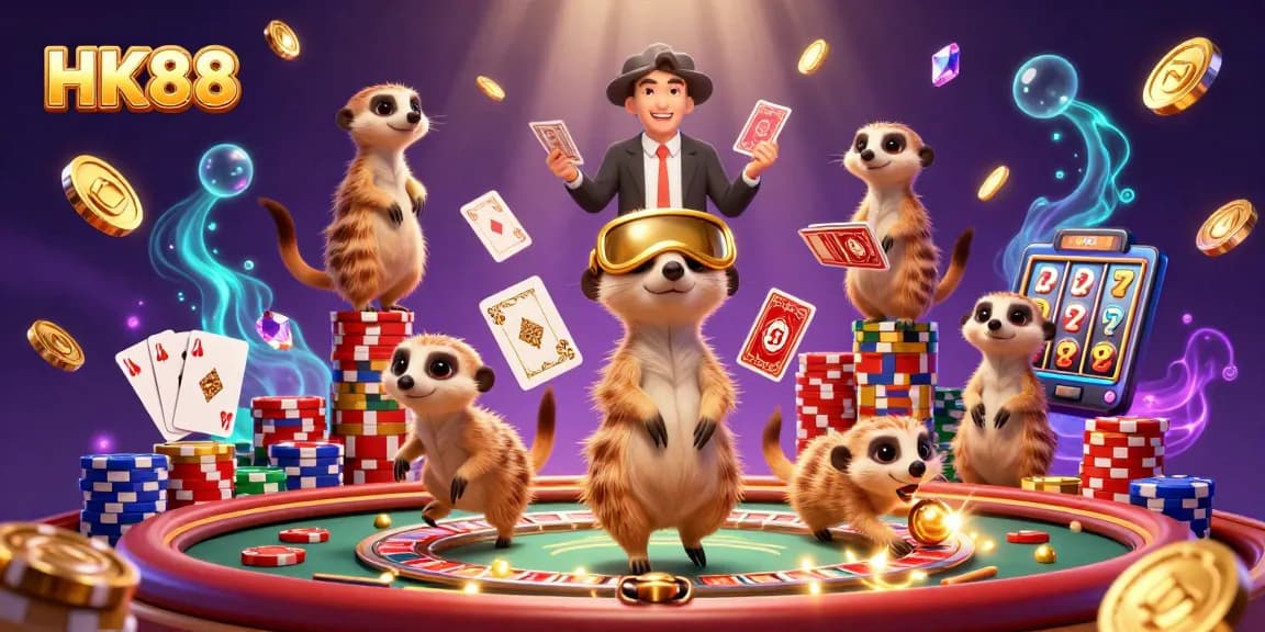 Experience excitement at HK88 with cartoon meerkats managing a lively casino surrounded by dynamic game elements.