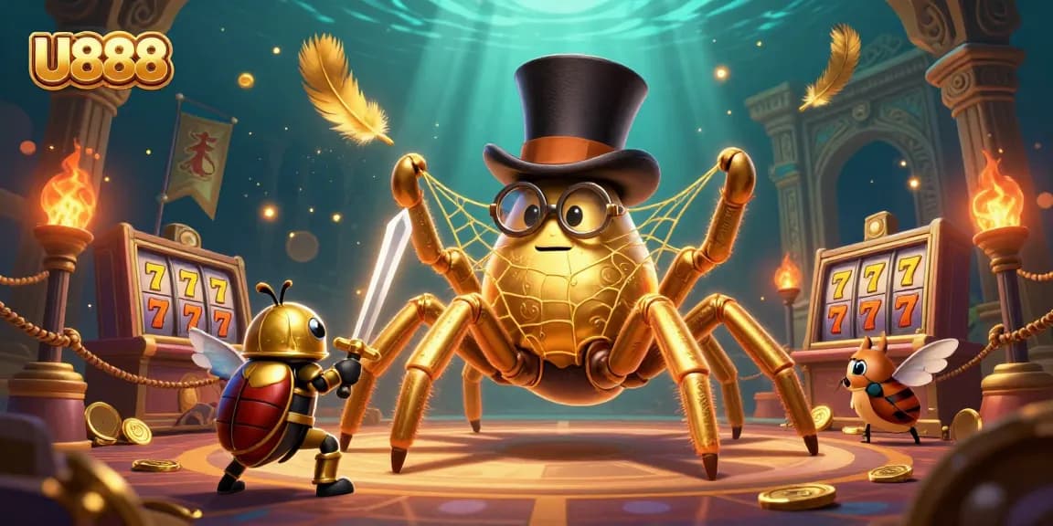 Join the excitement at U888 with a golden tarantula weaving a web among vibrant casino games.