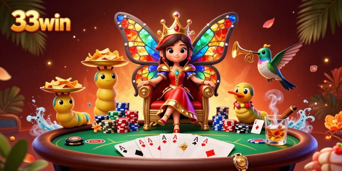 Experience the thrill of 33win with a vibrant casino theme featuring an enchanting butterfly queen.