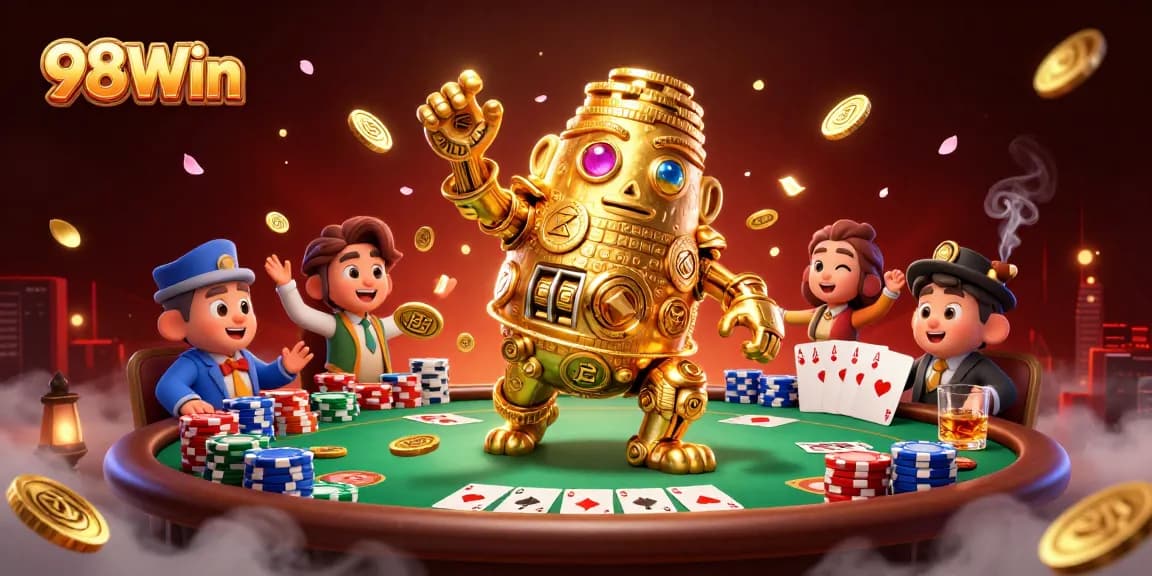 Engage with 98Win's thrilling gambling scene featuring golden golem and poker elements.