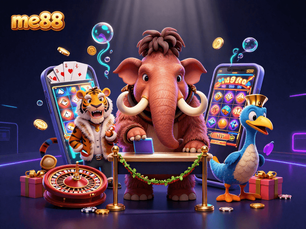 Engage with me88's thrilling online gaming world amidst vibrant casino elements and dynamic characters.