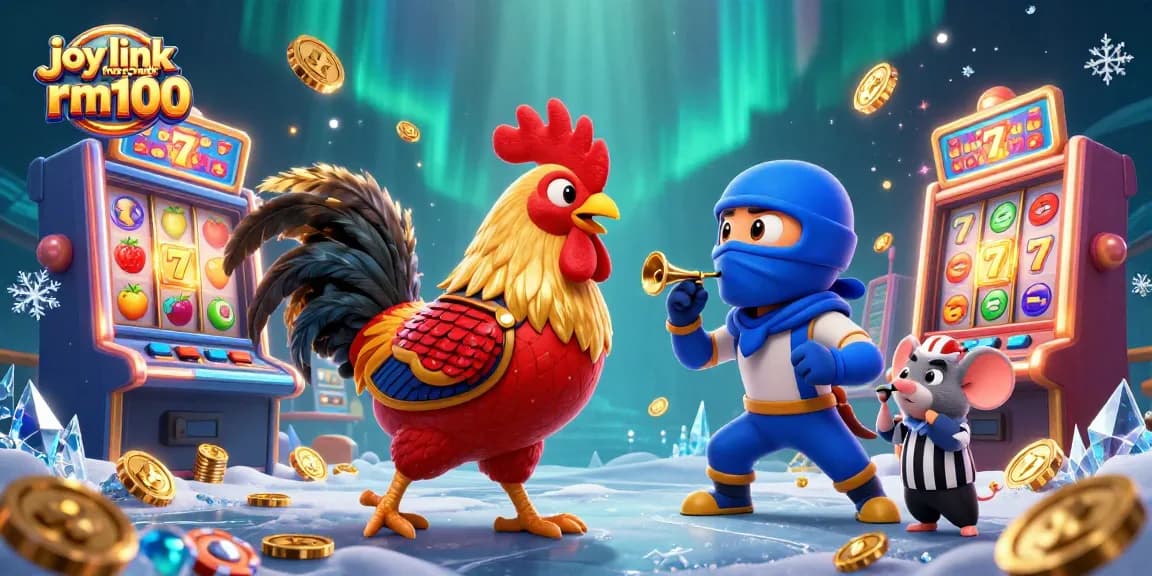Engage with joy link free credit rm100 in an action-packed 3D fighting roosters scene filled with slot games.