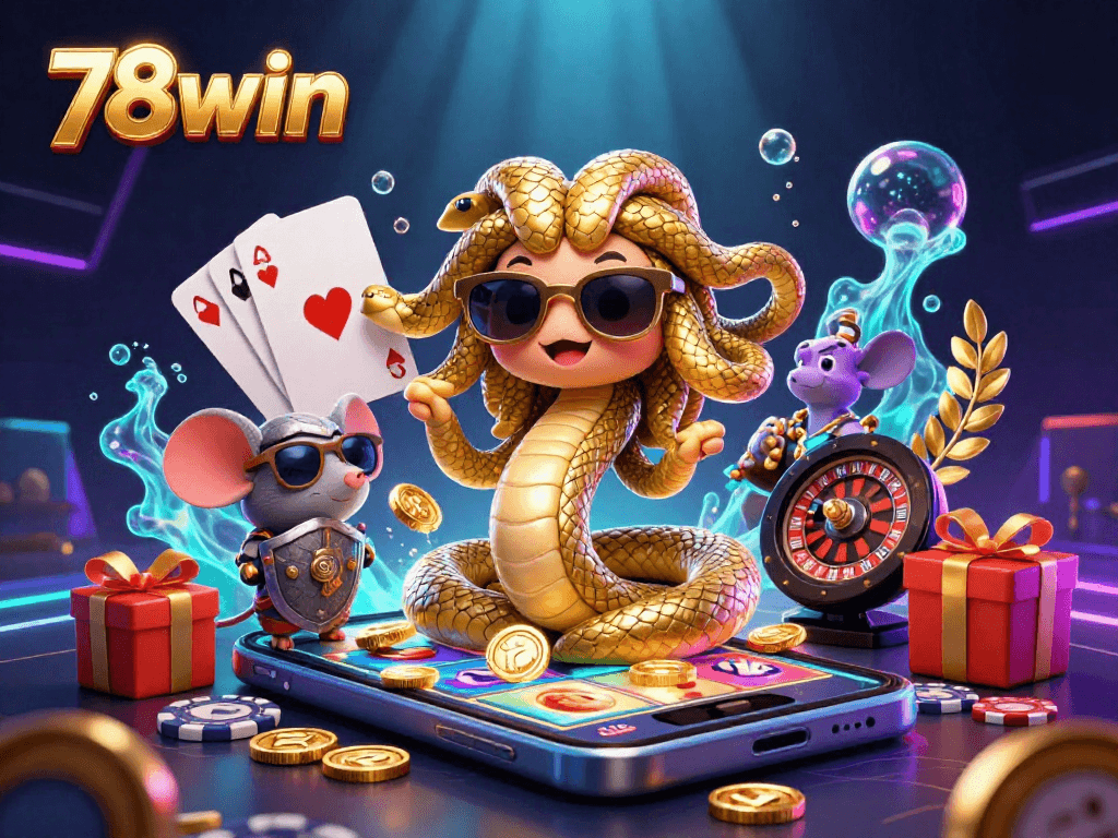 Experience 78win's exciting gameplay as Medusa and her companions unveil colorful slot games, coins, and cards.