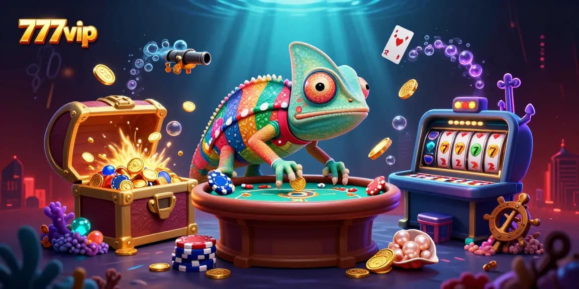 Experience thrilling gameplay at 777vip with an interactive casino scene featuring a playful chameleon and dynamic game elements.