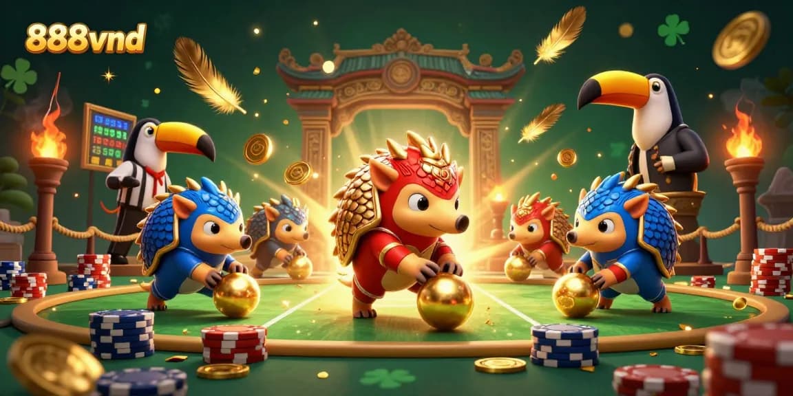 Experience the excitement of 888vnd as rival pangolins roll golden balls through poker chips in a vibrant casino scene.