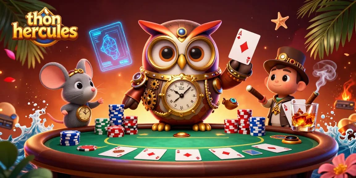 Experience thrilling gameplay with thần hercules at a steampunk-themed poker table in this vibrant illustration.