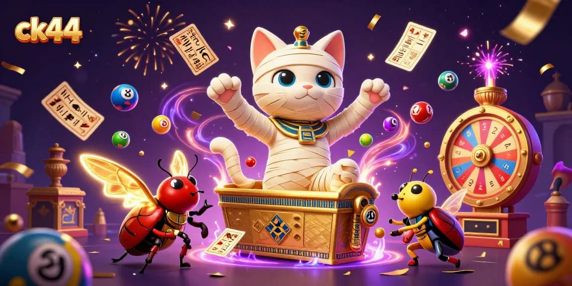 Exciting ck44 casino illustration with a mummy cat, golden tickets, and vibrant gaming elements.