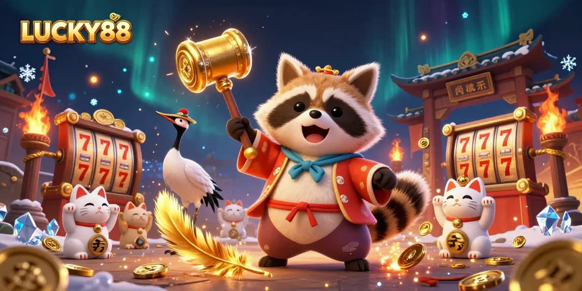 Spin the reels of LUCKY88 with a charming tanuki and lucky cats in a vibrant casino scene.