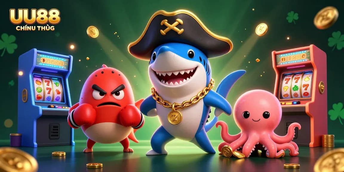 Engage in the excitement of UU88 CHÍNH THỨC with a lively 3D casino scene featuring animated characters and game elements.
