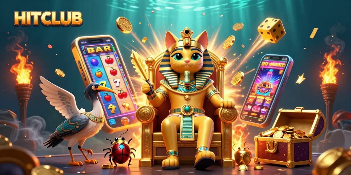 Experience HITCLUB's thrilling jackpot action with a cartoon Egyptian pharaoh cat in a vibrant casino setting.