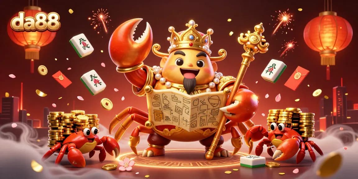 Engage with da88's vibrant gaming atmosphere featuring a golden crab emperor, treasure map, and festive casino elements.