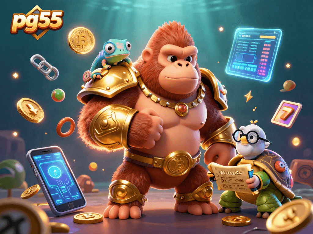 Experience the excitement of pg55 with this vibrant 3D casino scene featuring a powerful gorilla and dynamic gambling elements.