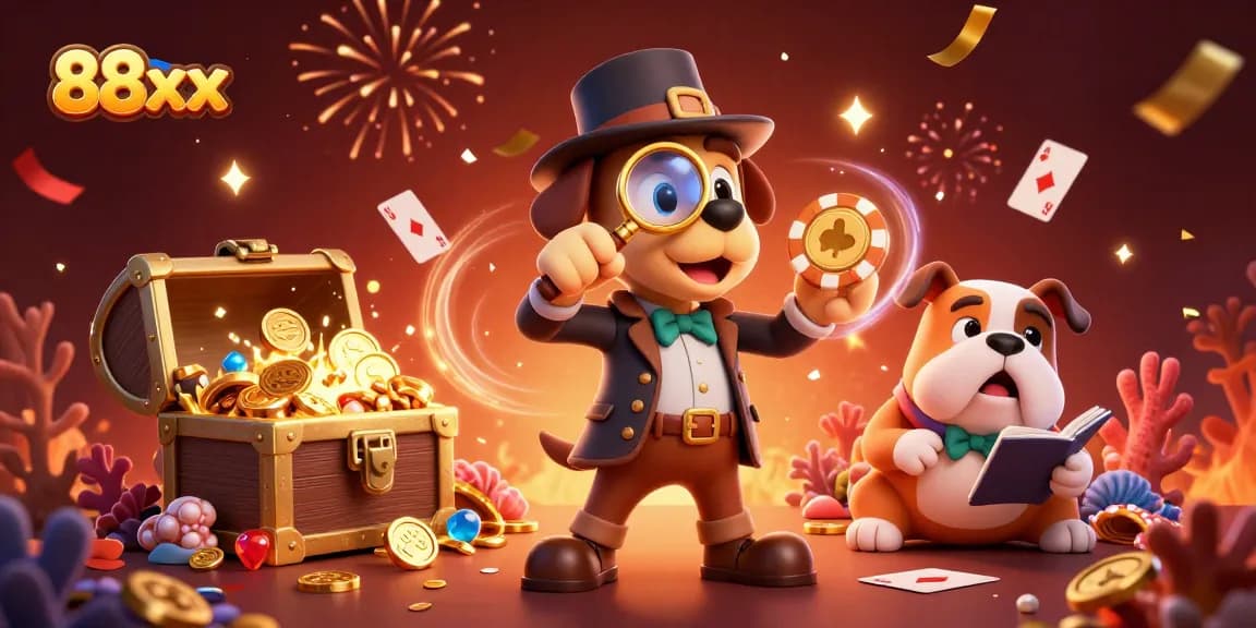 Examine thrilling 88xx poker chip clues in a vibrant, animated casino adventure scene.