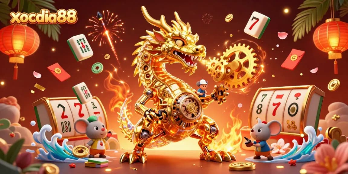 Visualize xocdia88's enticing gaming experience with a golden dragon amidst slot reels and vibrant casino elements.