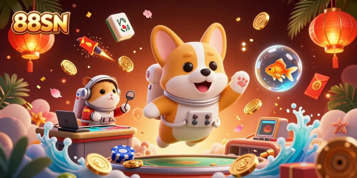 Experience the excitement of 88SN casino with the astronaut corgi playing in a vibrant space station casino.