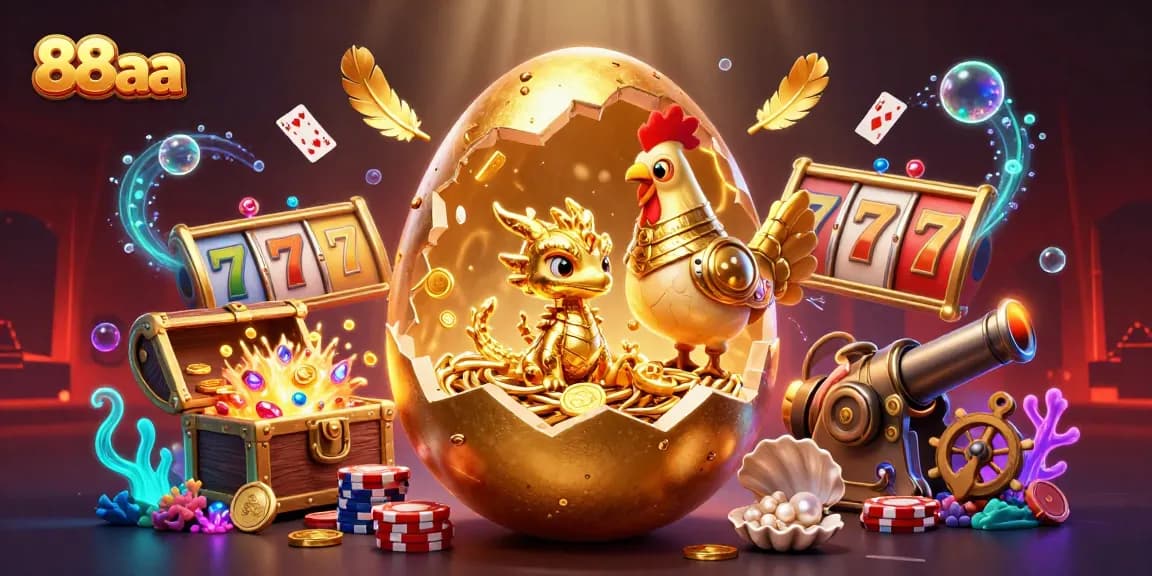 Experience the thrill of 88aa with golden treasures and stunning slot visuals in this vibrant digital scene.