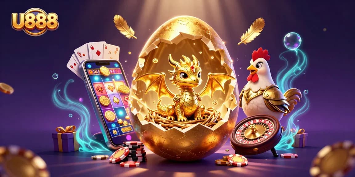 Play slots and win with U888 in this vibrant casino scene featuring a golden dragon and poker chips.