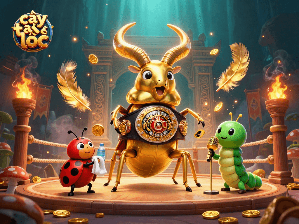 Cây tài lộc characters battle in a dynamic 3D casino scene with golden elements and gambling tokens.