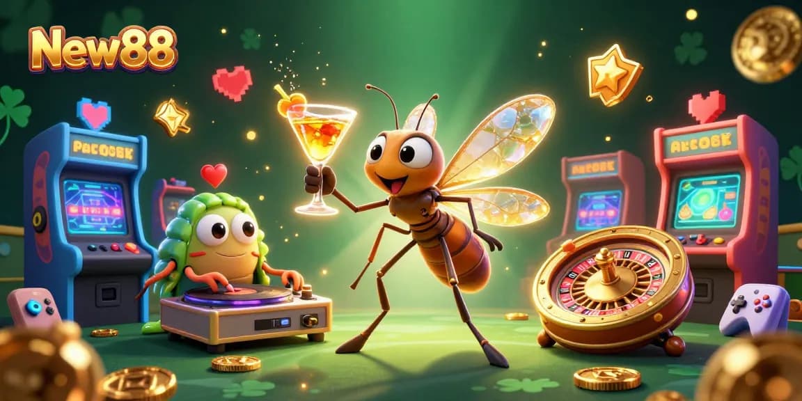 Experience thrilling gameplay at New88 with a vibrant casino scene featuring 3D characters and dynamic game elements.