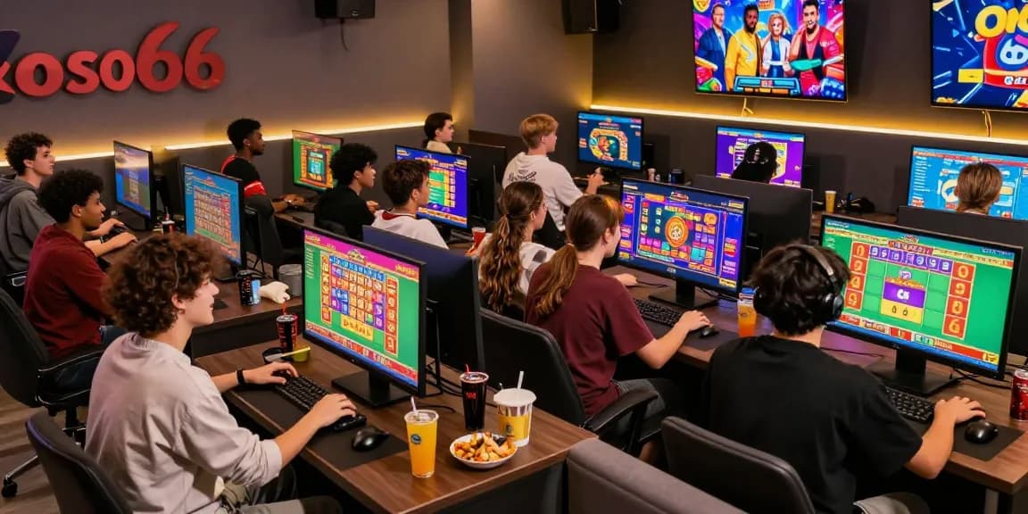 Exciting Xoso66 online gaming scene with diverse players enjoying lottery games in a modern lounge, showcasing vibrant atmosphere.