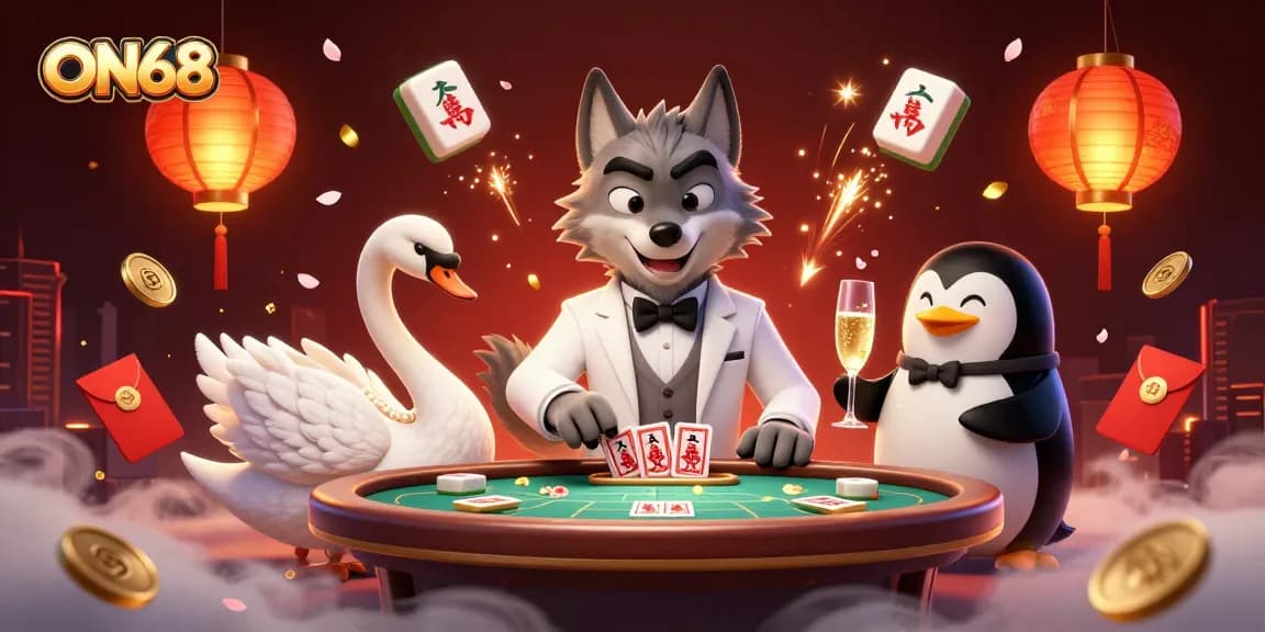Experience the excitement of ON68 with a debonair wolf amidst dazzling casino elements featuring baccarat and rich visuals.
