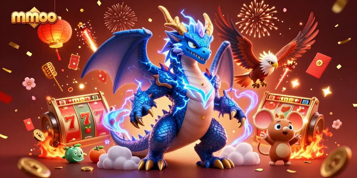 mmoo lights up the casino atmosphere with cartoon dragons and festive game elements.