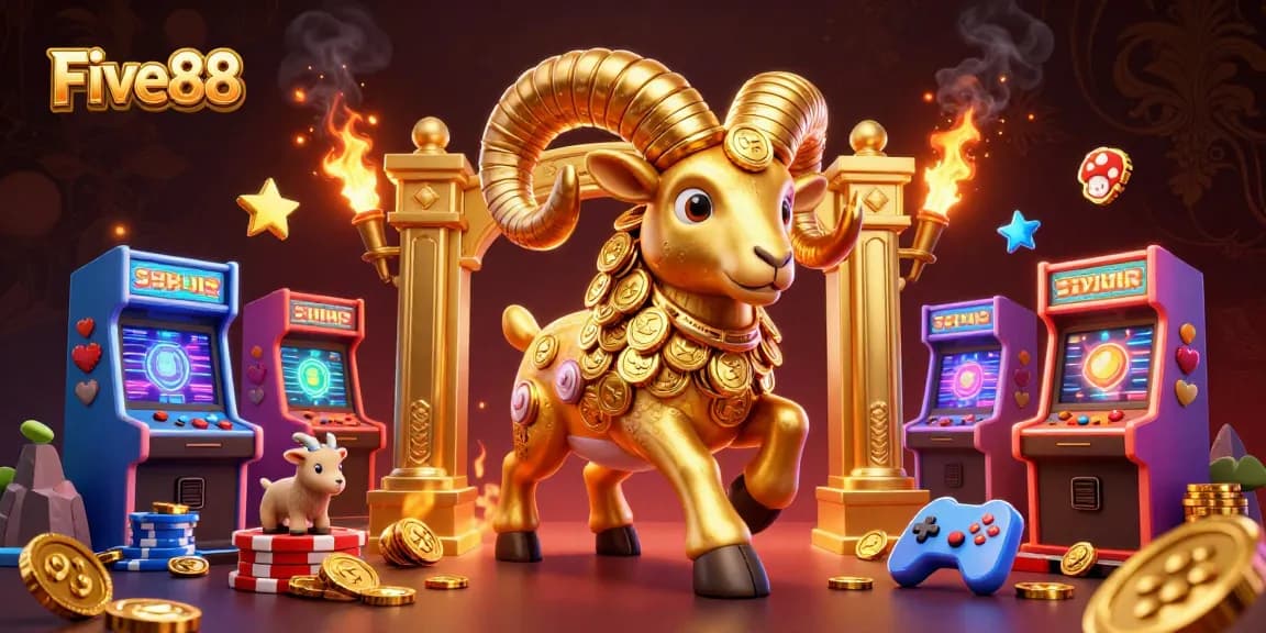 Five88 generates excitement with a golden ram charging through a casino scene filled with game machines and coins.