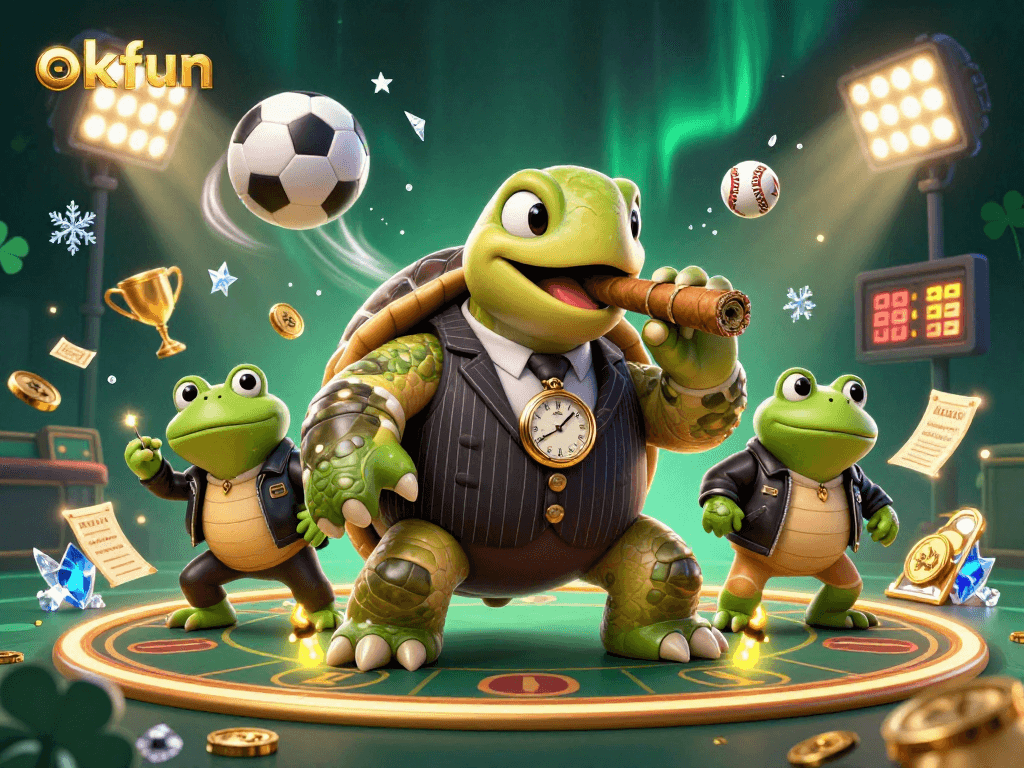 Engage with okfun’s exciting casino world featuring a cartoon turtle in a mobster suit, enhanced by vivid casino elements.