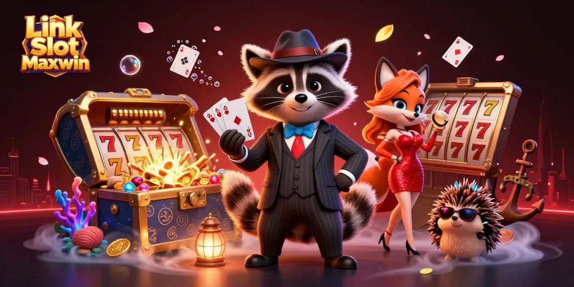 Experience the excitement of Link Slot Maxwin with charming characters in a vibrant casino illustration.