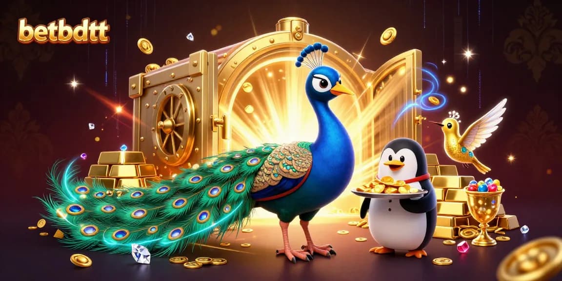 Experience the excitement of betbdtt with charming characters and golden treasures in a dynamic casino scene.